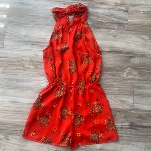 Orange Floral Romper Medium with Pockets